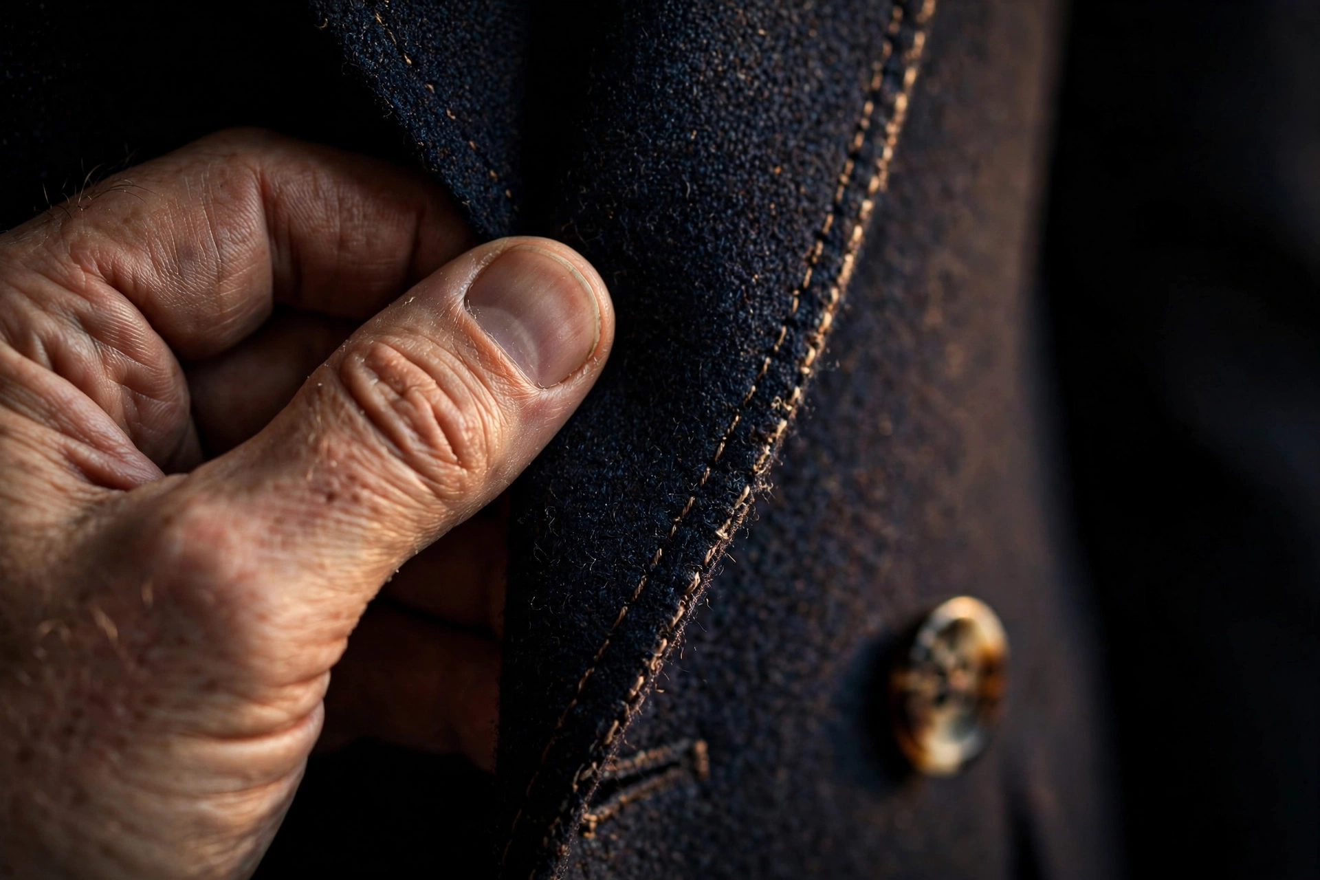 A tailor's hand examining the hand-stitched lapel of a wool suit jacket